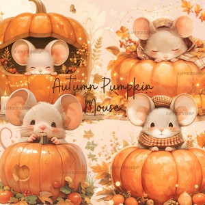 16 Souris citrouille d'automne, clipart citrouille, clipart automne aquarelle, lot JPG aquarelle de haute qualité, album de coupures, journal indésirable, travaux manuels en papier