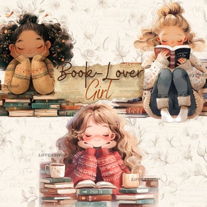 15 Clipart di ragazze amanti dei libri, Clipart di autunno ad acquerello, Clipart di ragazze carine, Bundle di JPG di acquerelli di alta qualità, Album di ritagli, Diario spazzatura,