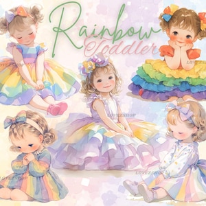 Paquete de 16 imágenes prediseñadas de arcoíris para niños pequeños, imágenes prediseñadas de acuarela para bebés, imágenes prediseñadas para guarderías, imágenes prediseñadas para guarderías de niñas, álbumes de recortes