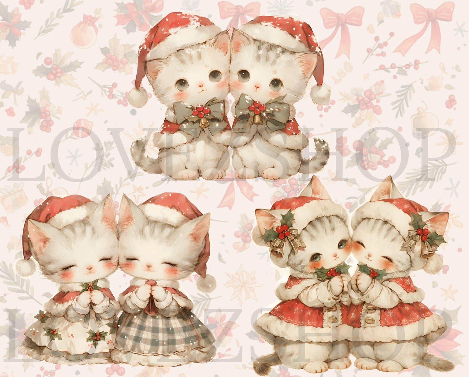 20 Vintage Christmas Kittens, Watercolor Cat Clipart, JPG File ...