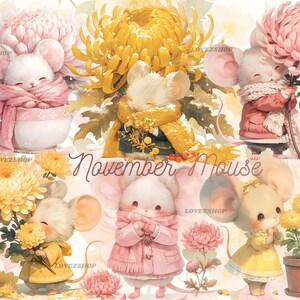 15 muis met geboortemaand bloem voor november, chrysantenbloem, hoogwaardige aquarel JPG-bundel, plakboek, ongewenste dagboek, kinderkamer clipart