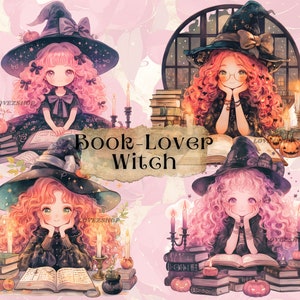 13 本好きの魔女、ハロウィーンのクリップアート、水彩画のかわいいハロウィーンの魔女、水彩画のピンクの魔女、スクラップブック、ジャンクジャーナル、ペーパークラフト