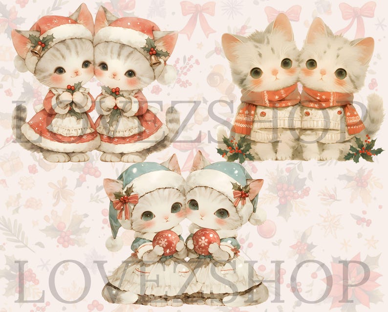20 Vintage Christmas Kittens, Watercolor Cat Clipart, JPG File ...