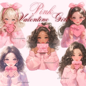 15 Garota Rosa Valentine, Clipart de Dia dos Namorados, Clipart de Garota Aquarela, Arquivo JPG, Clipart de Garota Bonita, Clipart Rosa, Álbum de Recortes, Diário de Lixo