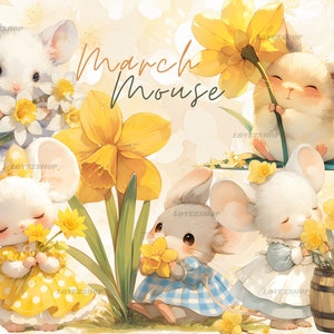 11 Ratos com flores do mês de nascimento para março, Ratos com flores, Clipart JPG, Scrapbook, Diário de sucata, Clipart de berçário, Download digital