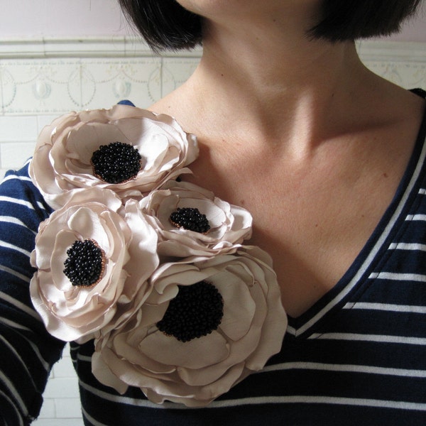 fabric flower brooch -   luxe corsage pin with blooms in fawn shantung and black and copper beading - MAYA