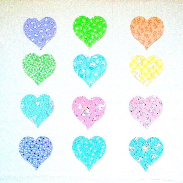 HEARTS Die Cut Pre-Fused Quilt Fabric Appliques ~ 1930's fabric ~ 12 Iron On Appliques Per set (DC/Hearts)