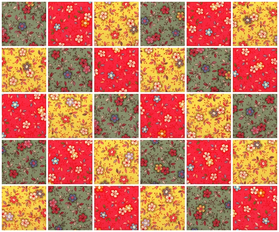 Happy Flowers Print Fabric Charm Squares: 5" Cotton Quilt Blocks, 30 Pcs #421B