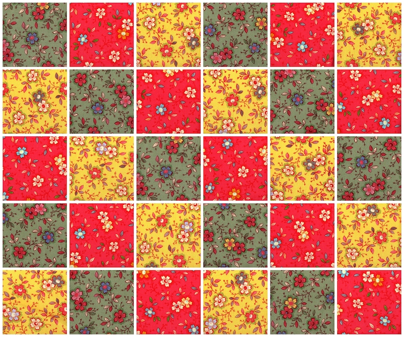 May include: A patchwork quilt pattern with repeating floral designs in red, yellow, and green.
