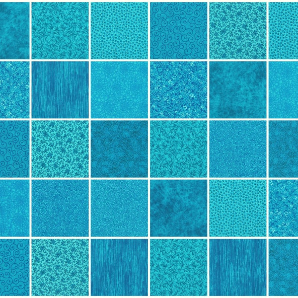 Turquoise Teal Blue Prints 5 inch Squares ~ 30 Squares per Set ~ 100% Cotton Prewashed ~ Quilt Block Fabric (#15A)