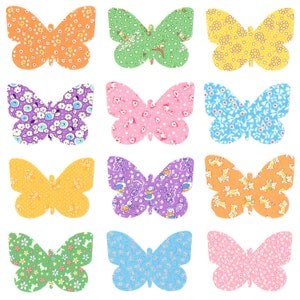 May include: Twelve colorful butterfly shapes with different patterns. The butterflies are in a grid pattern with three rows and four columns. The butterflies are all the same size and shape.