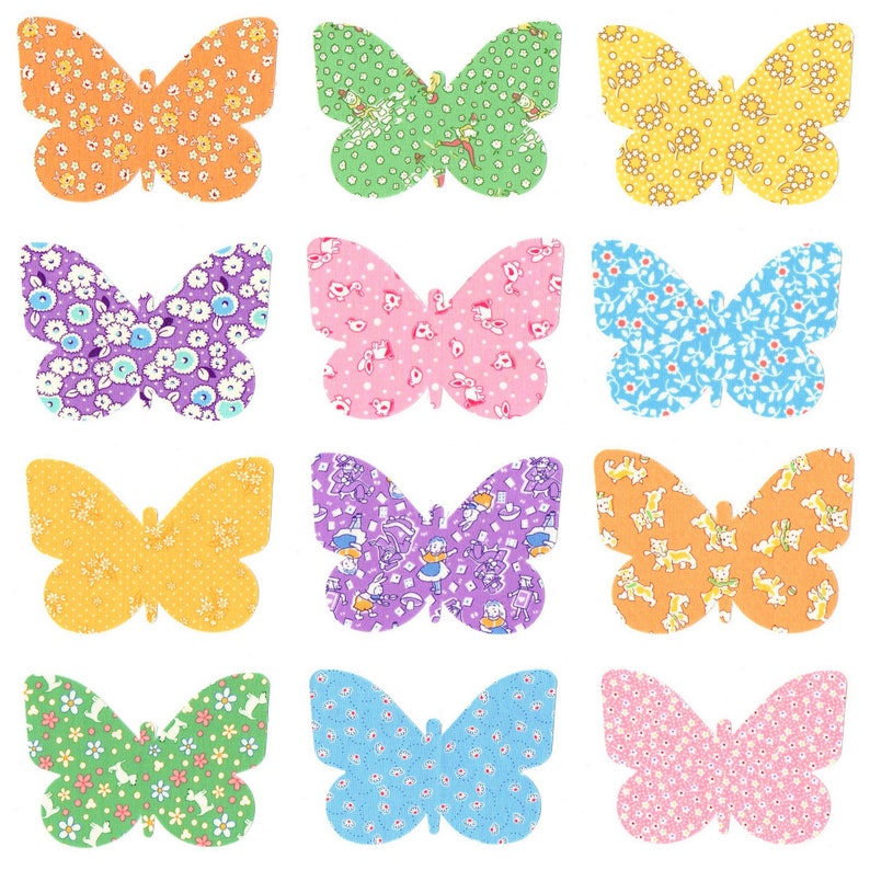 May include: Twelve colorful butterfly shapes with different patterns. The butterflies are in a grid pattern with three rows and four columns. The butterflies are all the same size and shape.