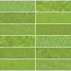 Lime Green Prints Jelly Roll Strips ~ 2.5&quot; x WOF ~ 12 Strips per Set ~ 100% Cotton Fabric ~ Quilt Fabric Strips (#47B)