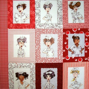 May include: A red and white patchwork quilt with nine squares. Each square features a cartoon illustration of a nurse wearing a white uniform and a red cross hat. The nurses have different hairstyles and facial expressions.