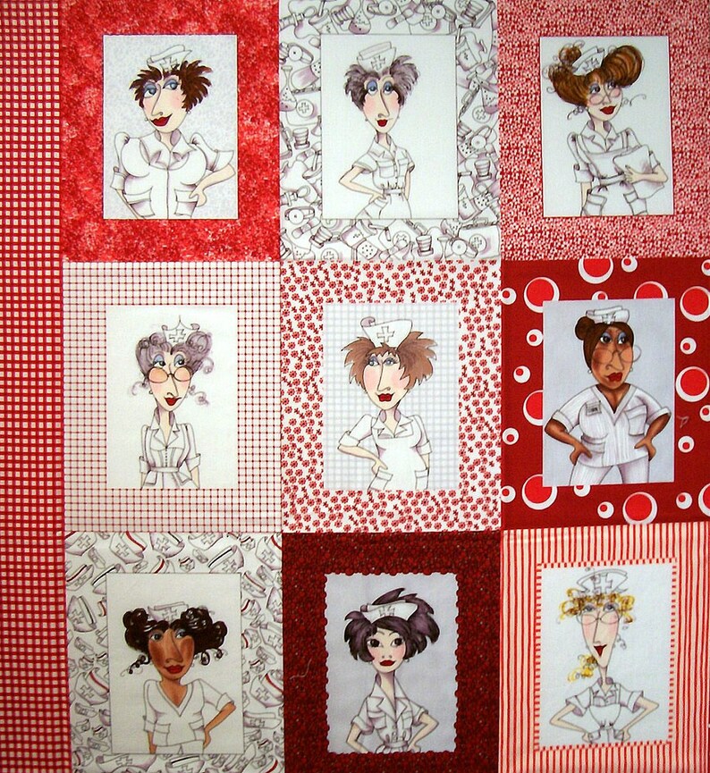 May include: A red and white patchwork quilt with nine squares. Each square features a cartoon illustration of a nurse wearing a white uniform and a red cross hat. The nurses have different hairstyles and facial expressions.