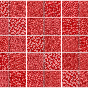 May include: A red background with a white floral pattern repeated in a grid of 36 squares.