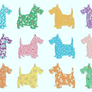 May include: Twelve colorful fabric Scottie dog cutouts. Each dog is a different color and pattern, including floral, polka dots, and other designs. The dogs are arranged in three rows of four, with a light blue background.