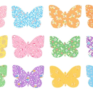 May include: Twelve colorful butterfly illustrations with various floral and geometric patterns. The butterflies are arranged in four rows of three, with each butterfly facing forward.