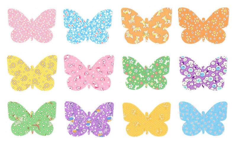 May include: Twelve colorful butterfly illustrations with various floral and geometric patterns. The butterflies are arranged in four rows of three, with each butterfly facing forward.