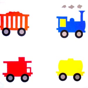 May include: Four simple illustrations of vehicles: a red truck, a yellow tanker truck, an orange dump truck, and a blue train with a yellow window.