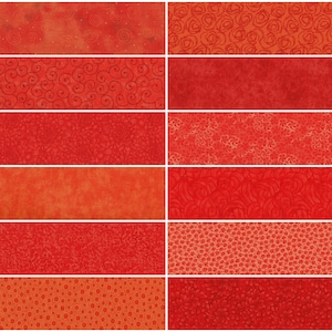 May include: A set of 12 red fabric scraps with different patterns, including swirls, dots, and floral designs. The fabric is a textured cotton blend.