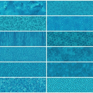 Turquoise Teal Blue Prints Jelly Roll Strips ~ 2.5&quot; x WOF ~ 12 Strips per Set ~ 100% Cotton Fabric ~ Quilt Fabric Strips (stk#51A)