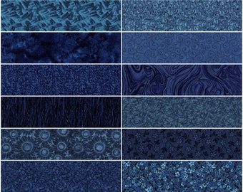 Dark Blue Navy Blue Prints Jelly Roll Strips ~ 2.5" x WOF ~ 12 Strips per Set ~ 100% Cotton Fabric  Prewashed  Quilt Fabric Strips (stk#55B)