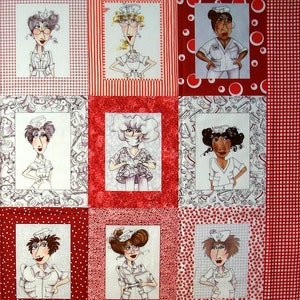 May include: A collage of nine illustrations of nurses in various poses. Each illustration is framed with a red border and set against a background of red and white polka dots, red and white stripes, or red and white gingham.