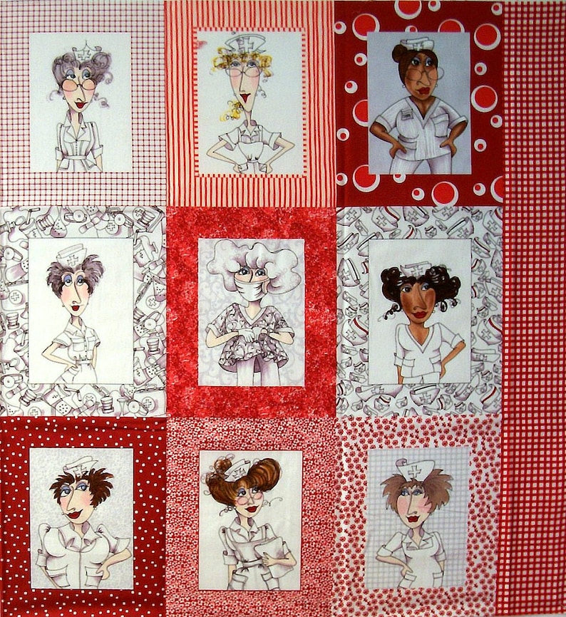 May include: A collage of nine illustrations of nurses in various poses. Each illustration is framed with a red border and set against a background of red and white polka dots, red and white stripes, or red and white gingham.