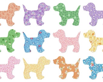 Puppy Dog Die Cut Pre-Fused Quilt Fabric Appliques ~ 1930's Reproduction Fabrics ~ 12 Iron On Appliques Per set (DC/Puppy Dogs/B)