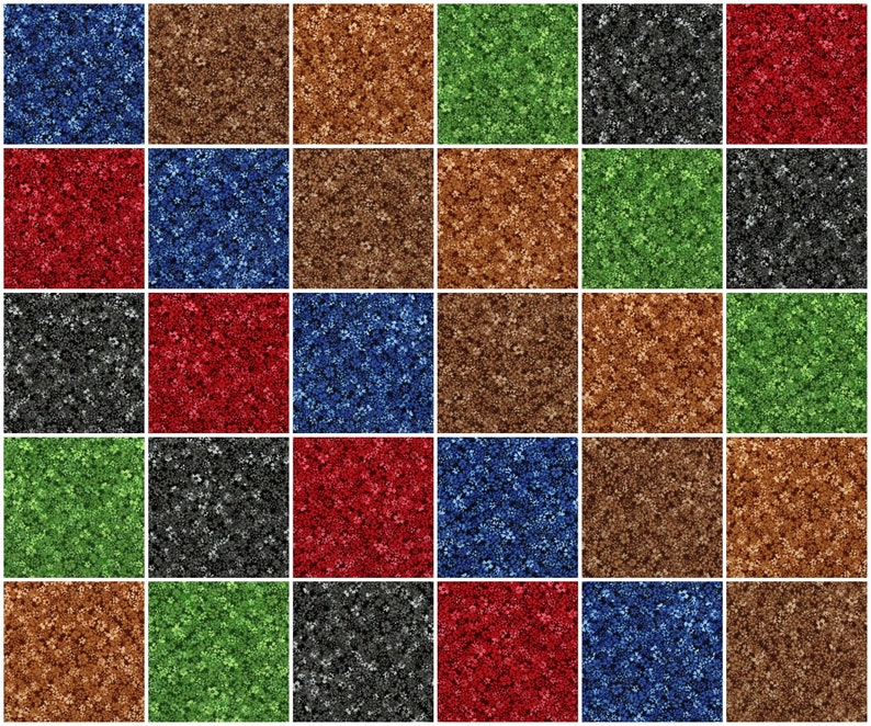 Puede incluir: Una colecci&oacute;n de 36 cuadrados peque&ntilde;os, cada uno con un patr&oacute;n diferente de peque&ntilde;as flores. Los cuadrados est&aacute;n dispuestos en una cuadr&iacute;cula de 6x6. Los colores de los cuadrados incluyen rojo, azul, verde, marr&oacute;n y negro.