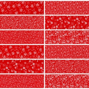 May include: Ten red patterned fabric strips with white floral designs. The patterns include small flowers, large flowers, leaves, and vines.