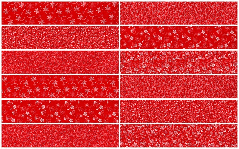 May include: Ten red patterned fabric strips with white floral designs. The patterns include small flowers, large flowers, leaves, and vines.