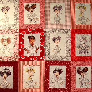May include: A red, white, and black fabric with a repeating pattern of nurses wearing different colored uniforms and hats. The nurses are all smiling and have different hairstyles. The fabric is perfect for quilting, crafts, and other sewing projects.