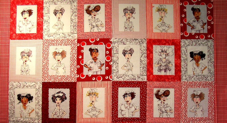 May include: A red, white, and black fabric with a repeating pattern of nurses wearing different colored uniforms and hats. The nurses are all smiling and have different hairstyles. The fabric is perfect for quilting, crafts, and other sewing projects.