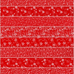 May include: A collection of 10 red fabric strips with white floral patterns. The patterns include swirls, leaves, and flowers.