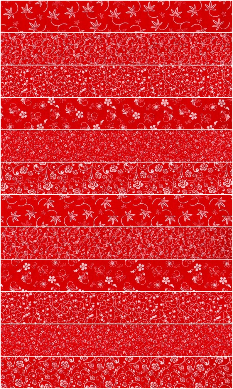May include: A collection of 10 red fabric strips with white floral patterns. The patterns include swirls, leaves, and flowers.