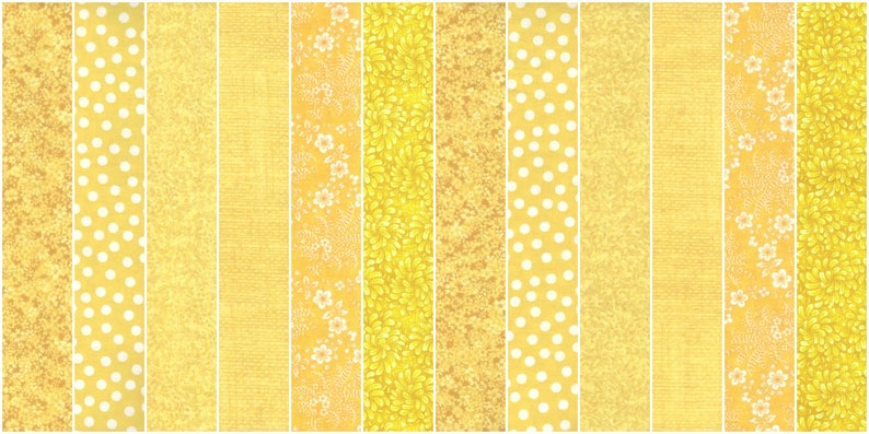 May include: A collection of 10 yellow fabric strips with different patterns, including polka dots, floral designs, and textured patterns.