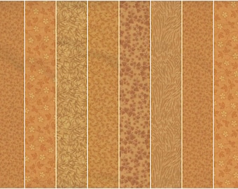 May include: A collection of 12 different fabric strips with various patterns in shades of brown and orange. The patterns include floral, geometric, and abstract designs.