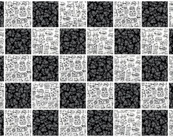 BLACK & WHITE  Cats and Flowers 4 inch Squares ~ 40 Squares per Set ~  100% Cotton  Prewashed ~  Quilt Block Fabric  (#405A)