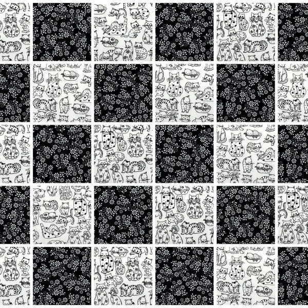 BLACK & WHITE  Cats and Flowers 4 inch Squares ~ 40 Squares per Set ~  100% Cotton  Prewashed ~  Quilt Block Fabric  (#405A)