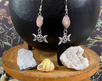 Coven Couture Triple Moon earrings with vintage upcycled stone beads