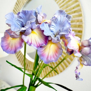 May include: A bouquet of artificial iris flowers with blue, purple, and yellow petals. The flowers have green stems and are arranged in a vase. A round mirror with a gold frame is in the background.