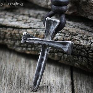 Mens Nail Cross Necklace, Mens Leather Necklace, Cross Pendant, Crucifix, Surfer Necklace, Leather Cord, Pewter, Metal, Christian Necklace