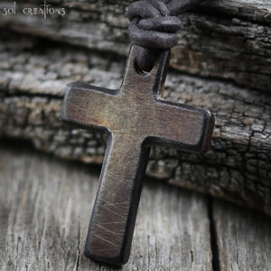 Mens Cross Necklace, Leather Necklace, Cross Pendant, Surfer Necklace, Horn Cross, Wood, Light Brown, Rustic, Christian, Natural, Masculine