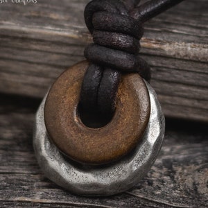 Mens Leather Necklace, Men's Double Ring Pendant Necklace, Surfer Necklace, Brown Leather Cord, Pewter Ring Pendant, Horn, Gift for Husband