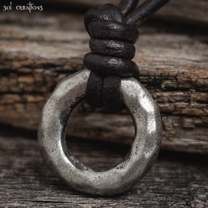 Mens Leather Necklace, Men's Ring Pendant Necklace, Surfer, Brown Leather Cord, Pewter Ring Pendant, Metal, Gift for Husband, Surf, Rustic