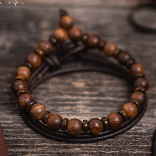 Bracelet en cuir de perles pour homme, bracelet mala, pile de bracelets extensibles en perles de bois, corne, prière, surfeur, bohème, bohème, bijoux masculins