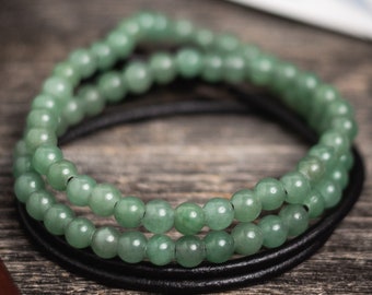 Mens Green Aventurine Beaded Leather Bracelet, Mala Bracelet, Gemstone Beads Stretch Bracelet Stack, Prayer, Surfer, Bohemian, Boho, Surf