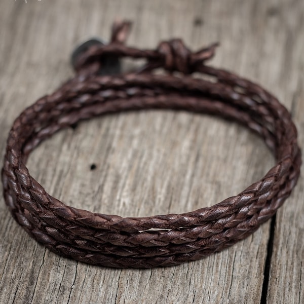 Mens Braided Leather Bracelet, Brown Leather Bolo Cord Bracelet, Multi Wrap, Mens Leather Cuff, Surfer Bracelet, Antique Brown, Surf, Rustic